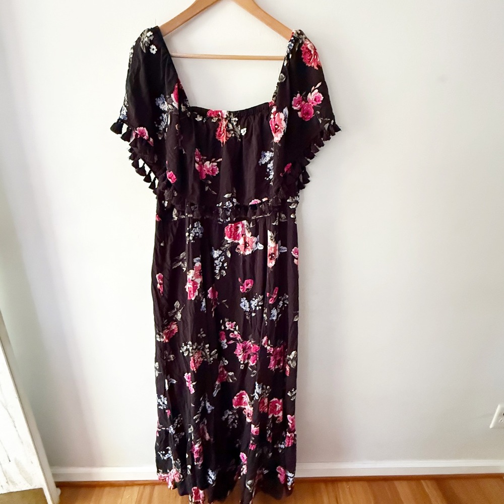 Torrid Maxi Dress Womens 3 Black Floral Tassel Boho Cottagecore Romantic Beach